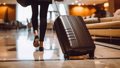 Cropped image of woman walking with suitcase in hotel lobby. Travel concept. Travel and business concept. with copy space.  - obrazy, fototapety, plakaty