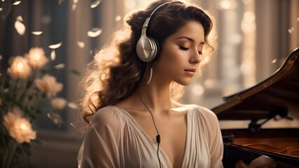 Junge Frau hört klassische Musik mit einem Kopfhörer in romantischer Atmosphäre - obrazy, fototapety, plakaty
