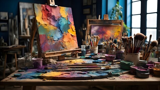 Malstudio mit vielen bunten Farben und Pinseln