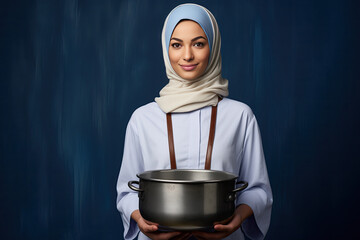 a muslim asian woman in kitchen, Muslim Asian woman in a modern kitchen, showcasing culinary skills and cultural diversity