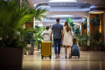 Back view of family walking with luggage in hotel lobby. Rear view of mother and father with kids looking at each other while going on vacation. - Powered by Adobe