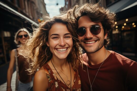 Multiracial friends taking selfie pic outdoors - Happy young people having fun walking on city street - Life style concept with guys and girls hanging outside - College students smiling at camera