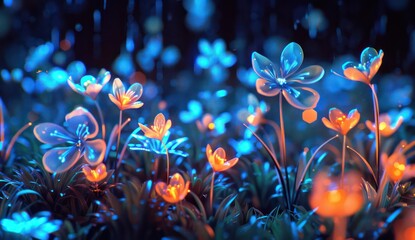 the forest with the blue lights is in the dark, in the style of whimsical floral scenes
