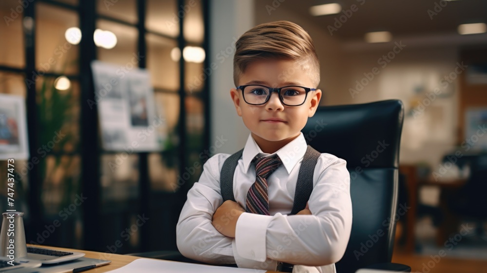 Poster A young boy wearing glasses sitting at a desk. Suitable for educational and school-related projects