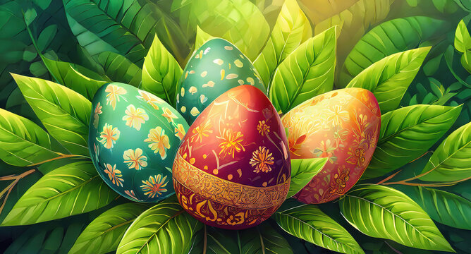 Eyecatching Colorful easter eggs on green grass with sun flare background