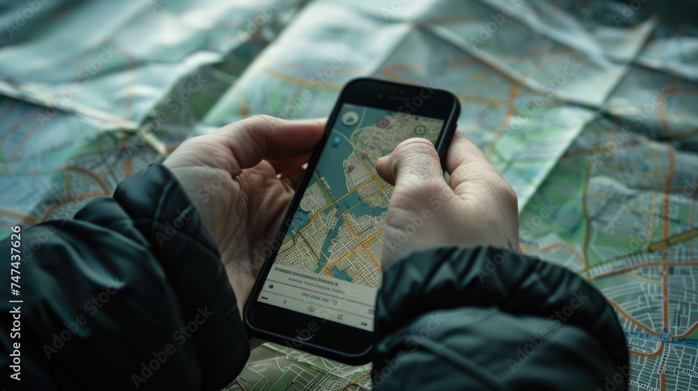 Poster Person using smartphone to navigate on a map. Suitable for technology and travel concepts