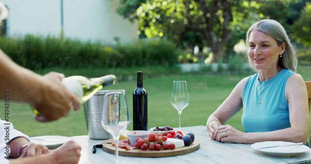 Canvas Prints Elderly couple, charcuterie and wine for picnic, anniversary or date together at sunset. Man, woman and happy with pouring alcohol at restaurant for relax, bonding or celebration outdoors at table