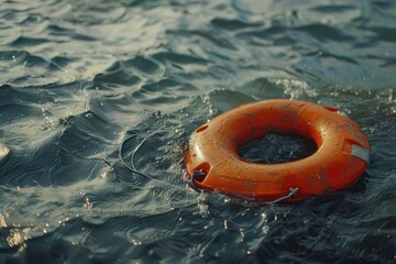 An orange life preserver floating in the water, suitable for water safety concepts. - Powered by Adobe