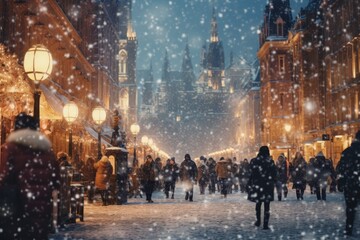 Obraz premium People walking down a snowy city street, perfect for winter scenes