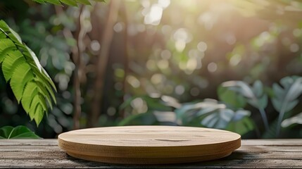 Fototapeta na wymiar Minimalist Circular Bamboo Platter on Wooden Table in the Woods