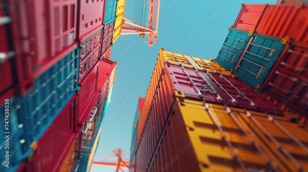 Poster A group of containers stacked on top of each other. Suitable for logistics and transportation concepts