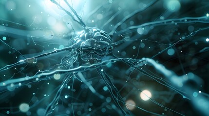 Hyperrealistic Neuronal Brain with Sparks and Photorealistic Neuron Fog - obrazy, fototapety, plakaty