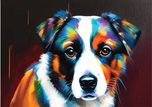 Cute Dog oil painting. portrait of a dog with eyes. Multi-color oil painting of a cute dog. Abstract dog oil painting. Cute face. Oil painting. dog by oil painting.  