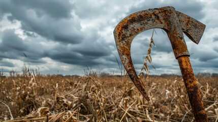Fototapeta premium Close up of a rusty scythe forgotten in a withered field under a stormy sky secrets untold
