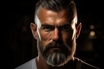 Fototapeta premium Close-up view of a man with a goatee and beard, showcasing facial hair details