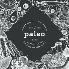 Paleo Diet Chalk Board Design Template. Vector Hand Drawn Healthy Food Banner. Vintage Style Menu Illustration. - 747439001