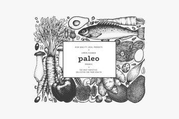 Paleo Diet Design Template. Vector Hand Drawn Healthy Food Banner. Vintage Style Menu Illustration. - 747439003
