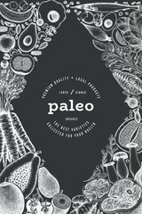 Paleo Diet Chalk Board Design Template. Vector Hand Drawn Healthy Food Banner. Vintage Style Menu Illustration. - 747439016