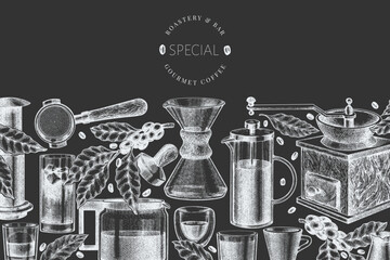 Alternative Coffee Makers Chalk Board Illustration. Vector Hand Drawn Specialty Coffee Equipment Banner. Vintage Style Coffee Bar Design - 747439047