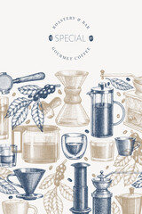 Alternative Coffee Makers Illustration. Vector Hand Drawn Specialty Coffee Equipment Banner. Vintage Style Coffee Bar Design - 747439067