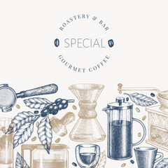 Alternative Coffee Makers Illustration. Vector Hand Drawn Specialty Coffee Equipment Banner. Vintage Style Coffee Bar Design - 747439070