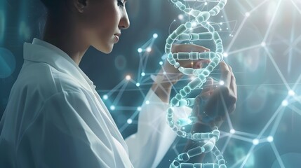 Female Scientist Holding DNA Strand in High-Tech Laboratory - obrazy, fototapety, plakaty