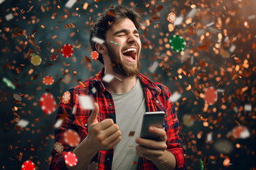 Excited Man Feeling Joy Using Smartphone While Winning at Online Casino