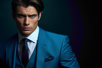 Against a backdrop of vibrant azure, the male model straightens his tie with finesse, his tailored suit and perfect hairstyle embodying confidence and professionalism.