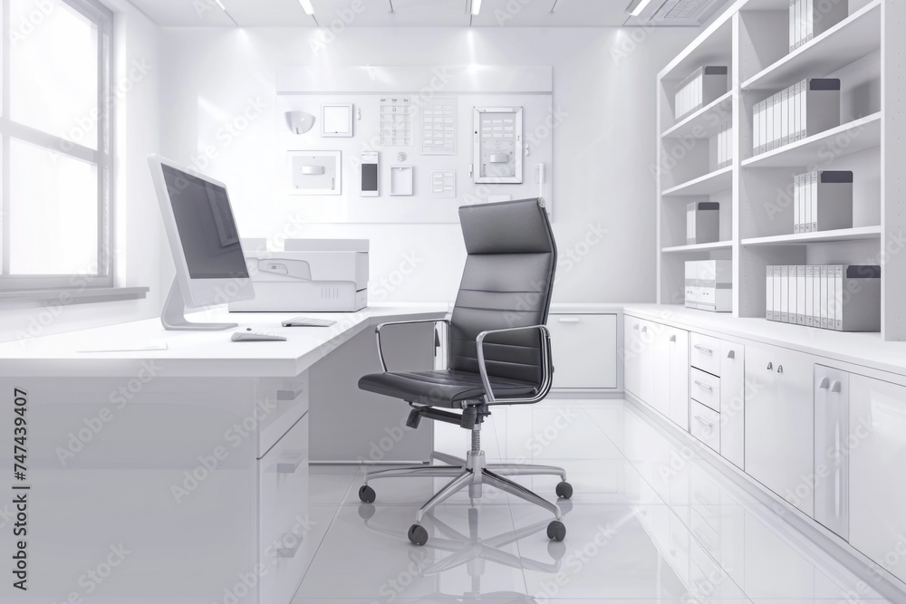 Poster a modern white office setting with a desk and computer. perfect for business concepts