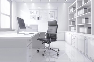 A modern white office setting with a desk and computer. Perfect for business concepts