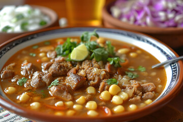 A plate of pozole, a traditional Mexican soup made with hominy (dried corn kernels), meat (usually pork), and chili peppers