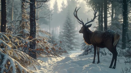 A majestic deer standing in a snowy forest. Perfect for winter themed designs