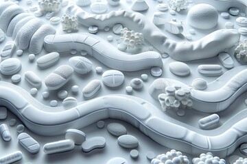 various white pills and tablets on white ground, in the style of digital gradient blends, light indigo and light gray. Generative AI