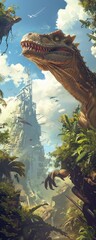 Obraz premium Imagining a world where ancient reptiles roam alongside modern technology in illustrations