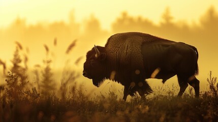 A bison walking through a field of tall grass. Suitable for nature and wildlife themes