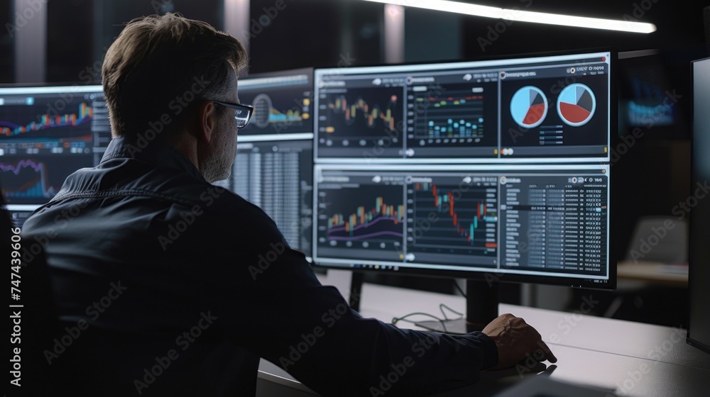Poster A man sitting in front of two computer monitors. Suitable for technology and workspace concepts
