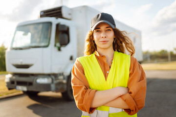 Truck driver occupation. Portrait of woman truck driver in casual clothes standing in front of truck vehicles. Transport industry theme.