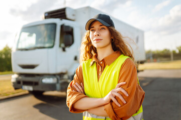 Truck driver occupation. Portrait of woman truck driver in casual clothes standing in front of truck vehicles. Transport industry theme.