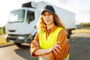 Truck driver occupation. Portrait of woman truck driver in casual clothes standing in front of truck vehicles. Transport industry theme.