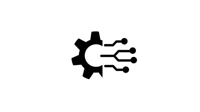 Ai technology icon animation. Animated line half cogwheel with digital data streaming