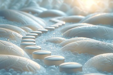 white pills and tablets on a bright daylit background, in the style of light gray and cyan, abstract minimalism appreciator. Generative AI