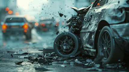 close-up view of a severe car accident with significant damage to the vehicle.