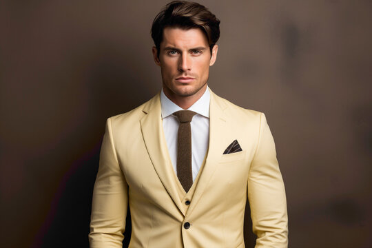 A striking male model donning bright, tailored business wear, projecting sophistication against a seamless, ivory background.