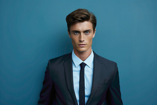 Against a solid light blue wall, a young model in business attire showcases elegance and style. His perfect hairstyle and confident demeanor define his gentlemanly charm.