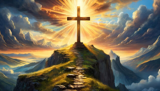 Wonderful Good friday easter landscape with cross