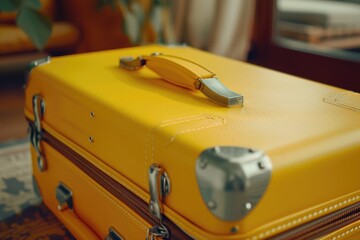 Yellow suitcase sitting on top of a rug, suitable for travel concepts