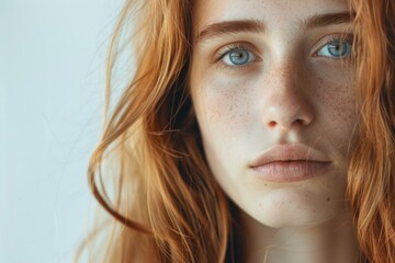 A close-up image of a woman with freckles on her face. Suitable for beauty and skincare concepts - obrazy, fototapety, plakaty