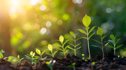 Green Plants Sprouting in Dirt with Sunlight - obrazy, fototapety, plakaty