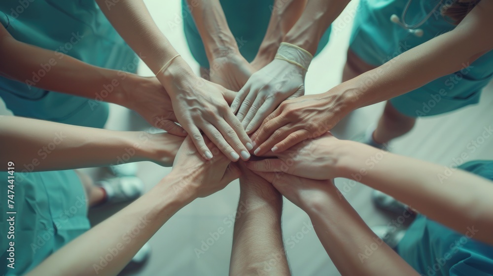 Poster group of nurses with hands together. suitable for medical teamwork concepts