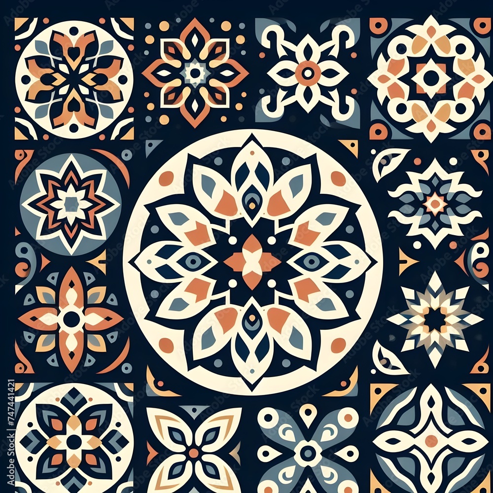 Poster flat design creative arabesque patterns used in our daily life and the same style generative ai
